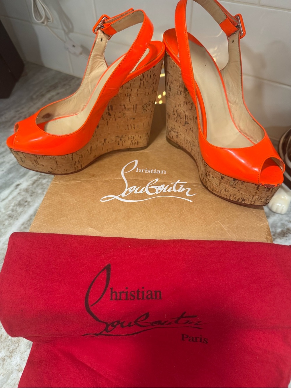 Christian Louboutin Orange Patent Leather Cork Wedge Sandals